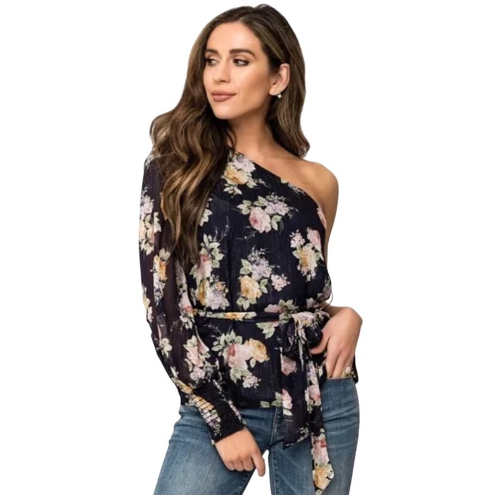 Gibson Look Navy Floral One Shoulder Chiffon Smocked Cuff Top, Large